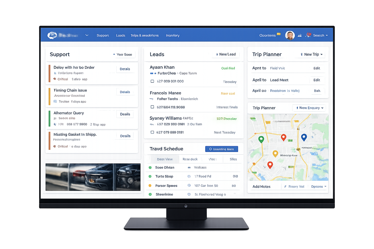 Automotive support CRM with logistics planning and customer timeline