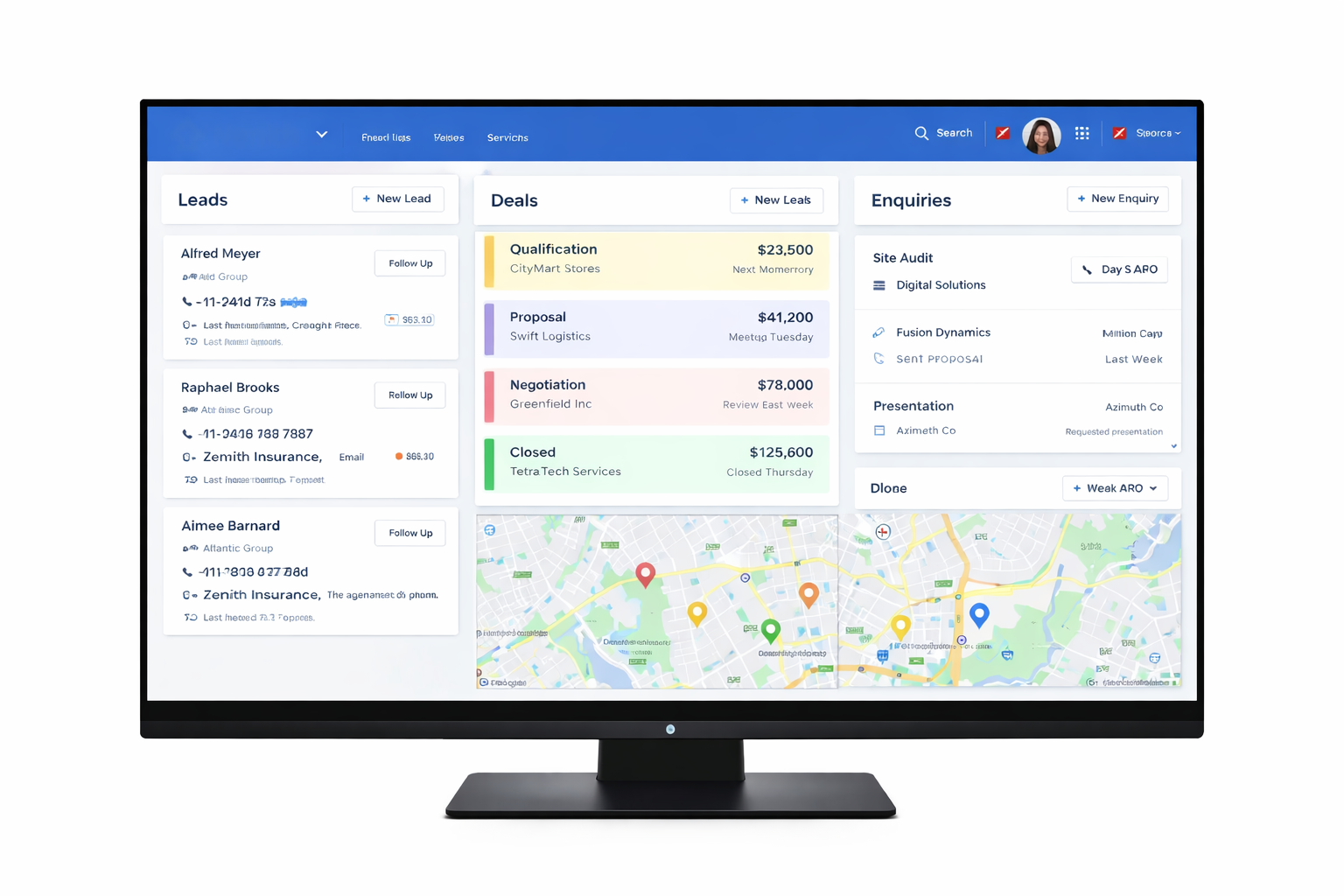 Commercial property CRM dashboard with map and deal pipeline